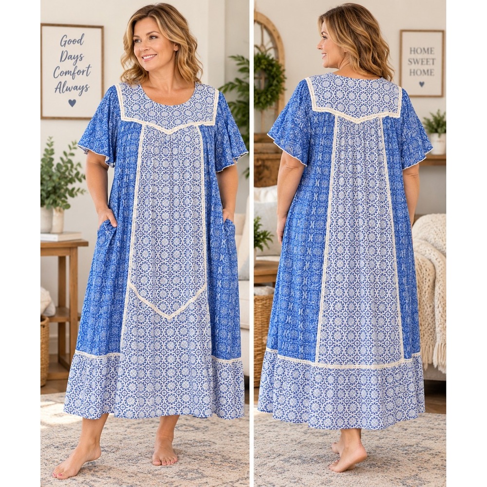 National Women's 3X Blue Floral Duster House Dress 100% Rayon Plus Size